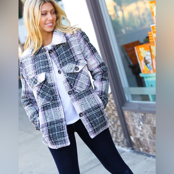 Flannel Plaid Button Down Coat, black/Gray/Blush/White, size small - Picture 13 of 13